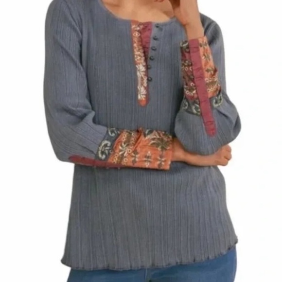 Soft Surroundings Grey Ribbed LongSleeve India Metallic Button Embroidery Top L - Picture 1 of 15